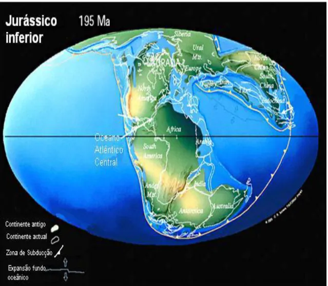 Figura  6   -  Separação  da  Laurásia  a  Norte  do  Gondwana  a  Sul  e  início  da  abertura  do  Atlântico Central no Jurássico Inferior (www.scotese.com retirado de Alves, 2011)