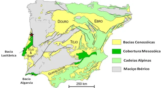 Figura  2.3:  Mapa  geológico  simplificado  da  Península  Ibérica  mostrando  as  principais  unidades  morfoestruturais que a constituem (extraído Vera et al., 2004).