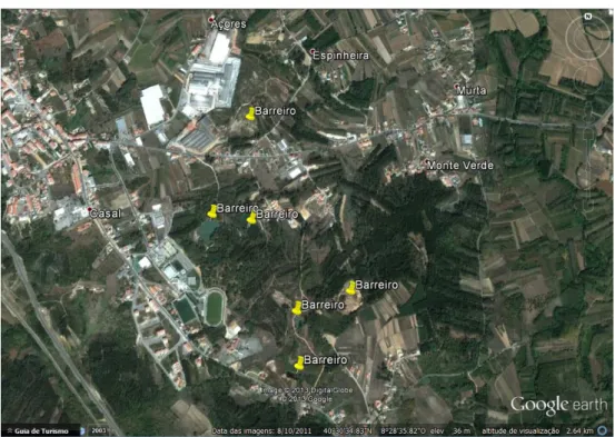 Figura 3.1: Imagem satélite da área de estudo, mostrando a localização de alguns barreiros (extraído  do Google Earth) 