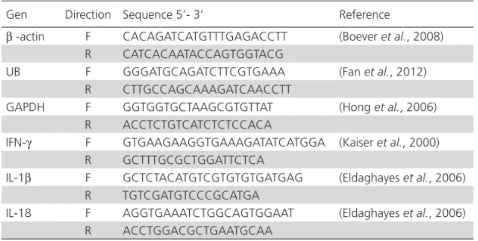 Table 1 – Primer sequences, housekeeping genes ( β -actin, UB and  GAPDH). Genes assessed (IFN- γ , IL-1 β , IL-18)