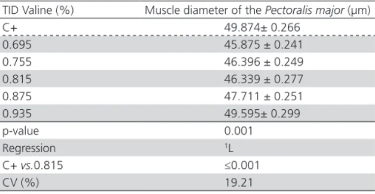 Table 4 – Effect of dietary TID Val levels on the diameter of  the muscle fiber of the pectoralis major in 42-d-old broilers.