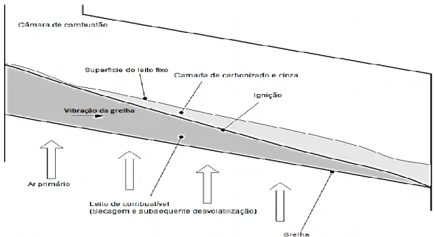 Figura 2-2 - Processo de combustão num sistema de leito fixo (Loo &amp; Koppejan, 2008)