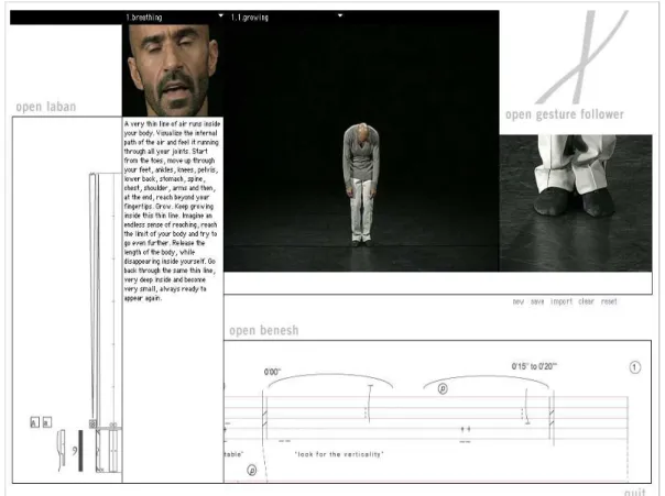 Illustration 3:  Interface  of  the  “Double  Skin  /  Double  Mind”  DVD-ROM,  showing  one  of  the workshop's sections (with the dancing body's full figure, oral and written explanations, close ups, notational scores and the “Gesture Follower” software)