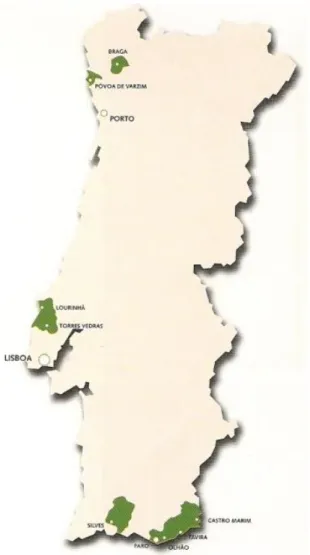 Figura 3 - Distribuição geográfica das principais zonas da produção do tomate em Portugal (consumo  em fresco)  (Fonte: GPP, 2006)