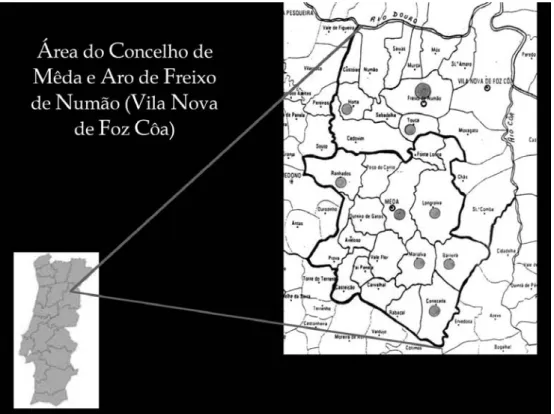 Mapa 1 – Área do Concelho de Mêda e Aro de Freixo de Numão (Vila Nova de Foz Côa).