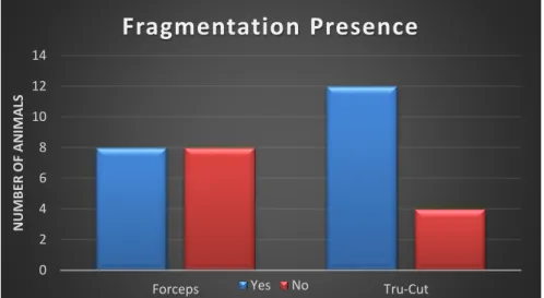 Figure 13. Graphic representation of fragmentation’s presence in samples  obtained by Forceps and Tru-Cut technique 