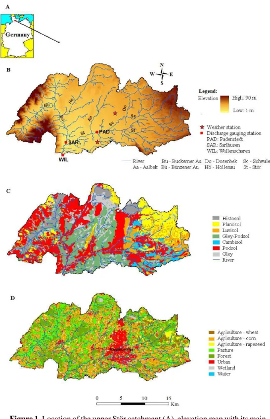 Figure 1. Location of the upper Stör catchment (A), elevation map with its main  tributaries and the localization of the discharge gauging stations (B); soil map  (C); land use map (D)