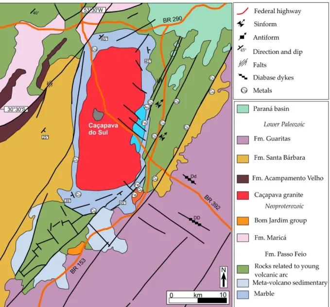 Figure 1. Geological map highlighting the study area in Caçapava do Sul, RS-Brazil (CPRM, 2010)
