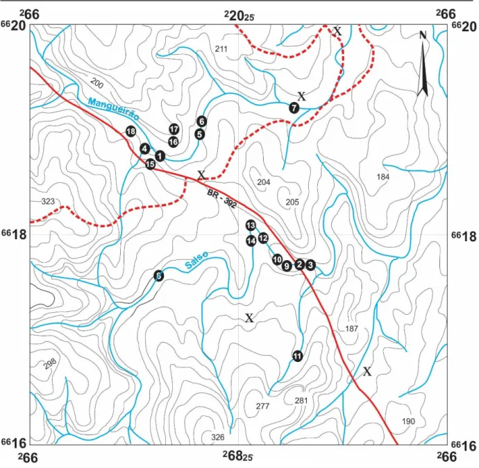 Figure  2.  Location  map  of  sampling  points  of  the  Mangueirão  and  Salso  Streams  in  the  municipality of Caçapava do Sul, RS-Brazil (scale 1:250.000)
