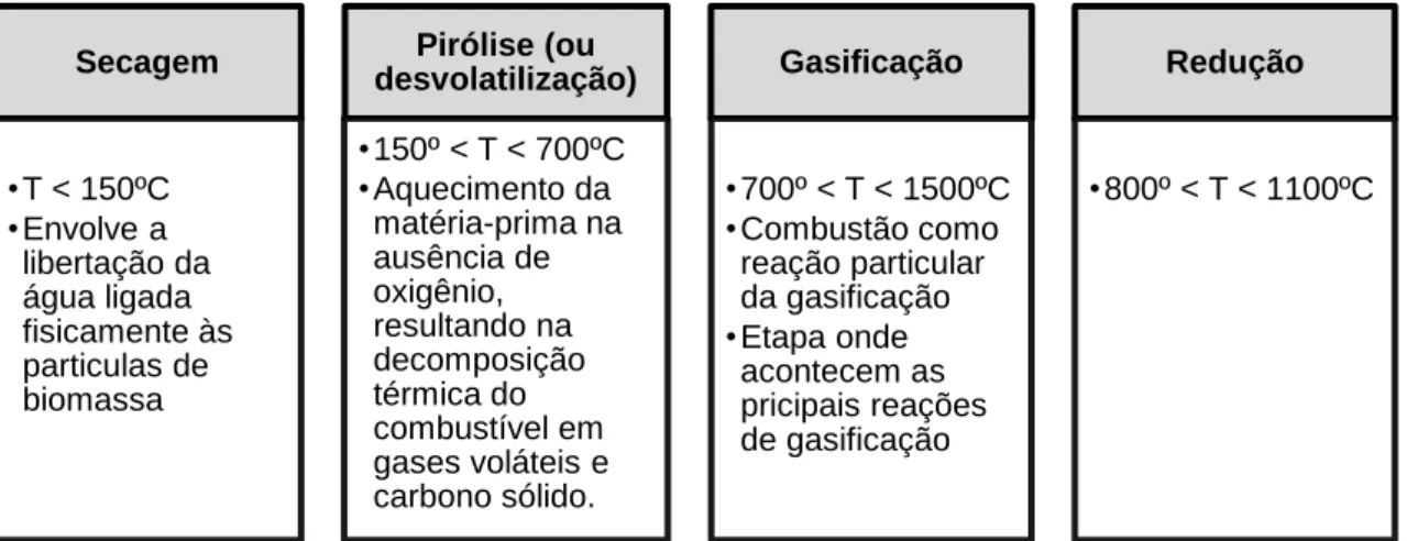 Figura 3.3 – Sequência de processos que ocorrem num gasificador (adaptado de Tarelho Gasificação Gás com Poder Calorífico Médio (10-20 MJ/Nm3) Síntese Combustíveis para transportes, etc