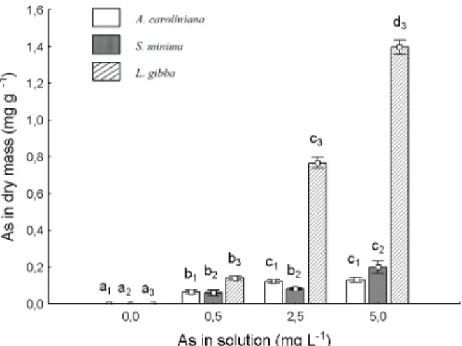 Figure 3 - Arsenic removal efficiency (%) from the solution by the plants in the different treatments