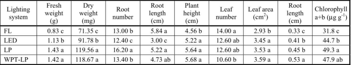 Table 1 - Effect of different lighting systems on in vitro chrysanthemum growth and development