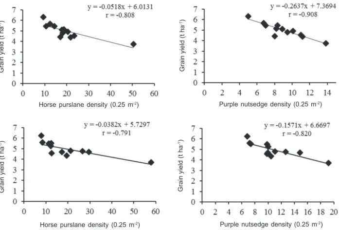 Figure 1 - Regression model predicting maize grain yield (t ha -1 ) as a function of horse purslane density (0.25 m -2 ) (A and C) and purple nutsedge density (0.25 m -2 ) (B and D) for two consecutive years under various weed management treatments.