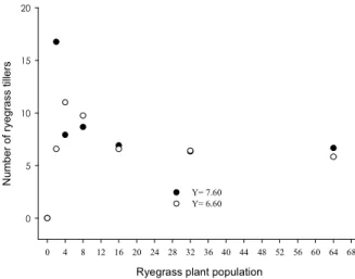 Figure 4  - Number of ryegrass tillers with the presence of summer crisp () and butterhead ( ) lettuce types, according to the ryegrass plant population.