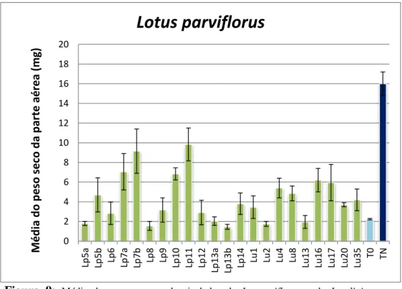 Figura  9:  Média  dos  pesos  secos  dos  isolados  de  L.  parviflorus  e  de  L.  uliginosus,  e  respetivos controlos em L