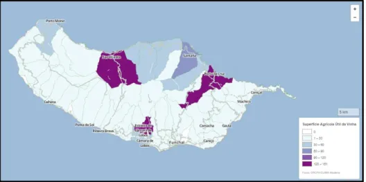 Figura n.º 3 - Mapa da superfície agrícola útil de vinha da Ilha da Madeira; Fonte: (Prada et al., s.d.) 