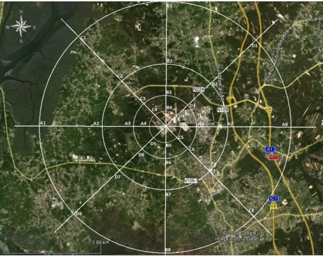 Figura 6 – Localização inicialmente prevista dos 32 postos de amostragem das cinco campanhas  realizadas 