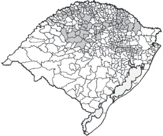 Figure 1 - Geographic location of the cities where there was harvest of seeds of ryegrass plants suspected of being resistant to the clethodim herbicide in the state of Rio Grande do Sul.