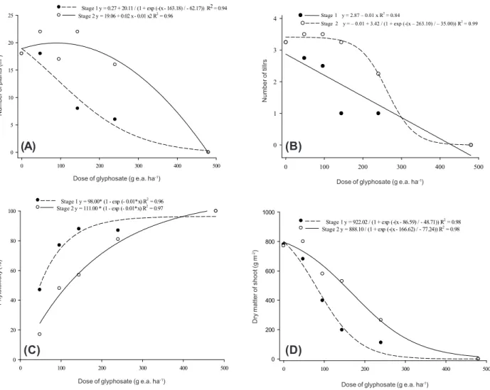 Figure 2 - Number of plants (A), number of tillers (B), phytotoxicity (C) and dry matter of shoot (D) of Urochloa brizantha, seeded at a density of 6 kg seeds ha -1 , in intercropping with maize and subjected to applications of glyphosate doses in two vege