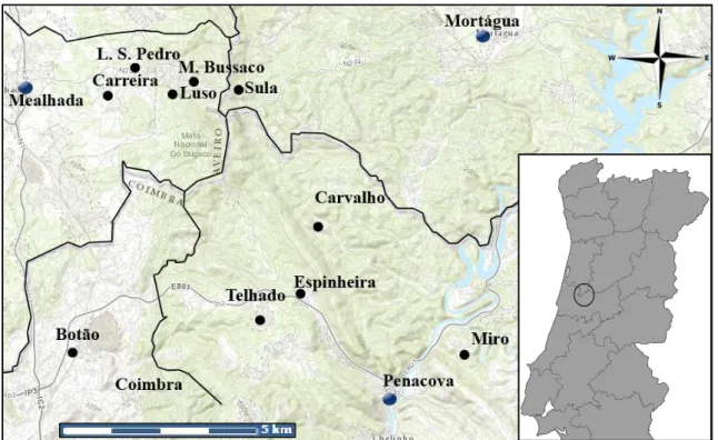 Figura 2 – Mapa da área envolvente da Serra do Buçaco, com indicação das freguesias de origem das  amostras (círculos negros) e respetivos municípios (círculos azuis)