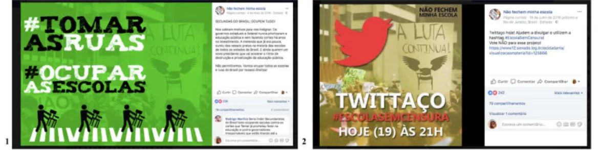 Figura  7.  Posts  convidam  para  manifestações  nas  ruas  e  nas  redes.  À  esquerda,  na  imagem  1,  Post  publicado no perfil “Não fechem minha escola”, convida os secundaristas de todo o Brasil a “#Tomarasruas, 