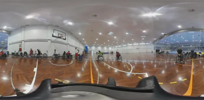 Figure 3: A stitched frame of the shot Change of wheelchairs. Masking the trip was a challenge in post-production