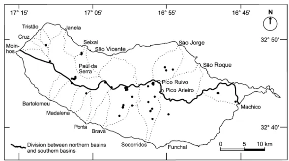 Fig. 1. Major hydrographical basins of the Madeira island. The thick line divides the basins into northern (more wet and cold) and southern (more dry and warm) basins