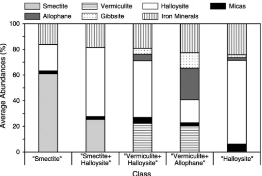Fig. 6. Distribution of clay minerals and iron oxides in soils of the Madeira island; class names as defined by Furtado (1983)