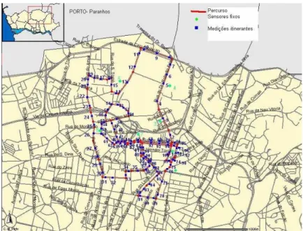 fig. 2 – Percurso das medições itinerantes de temperatura pontos do percurso e postos fixos