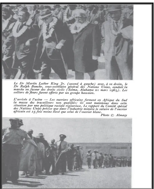 Figura 8 Fotografias anexadas ao capítulo “Les racines enchevêtrées des prejugés” que apresenta,  na primeira foto, Martin Luther King e Ralph Bunche, subsecretário das Nações Unidas, ambos em  marcha pelos Direitos Civis no Alabama em 1965