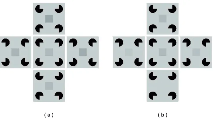 Figura 3. Exemplos da matriz de escolha, conforme as duas variações experimentais: (a) matriz com variações crescentes nos valores de gradação de cinza,  apresentada aos participantes do Grupo Mais; e (b) matriz com variações decrescentes nos valores de gr