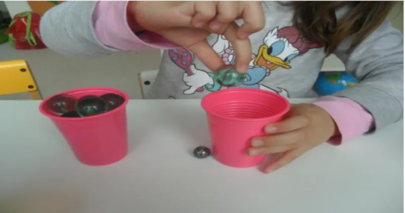 Figura 2 A.L. (7 anos) a contar os berlindes grandes de um copo para  o outro
