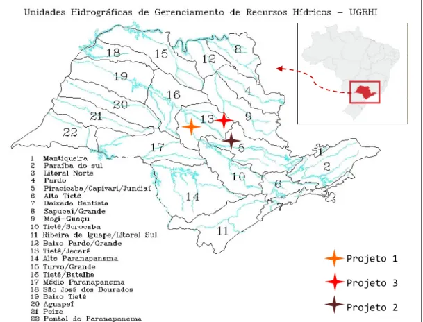 Figura 1. Localização das UGRHI envolvidas nos projetos de elaboração dos  materiais analisados