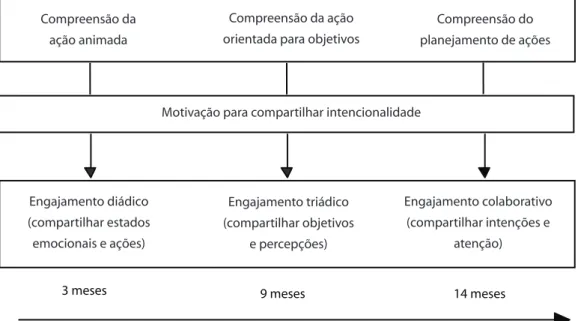 Figura 1. Esquema do desenvolvimento da compreensão da ação intencional e da intencionalidade compartilhada, durante o  primeiro ano de vida da criança