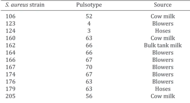 Table 4. Pulsotype of the 12 strains of Staphylococcus aureus