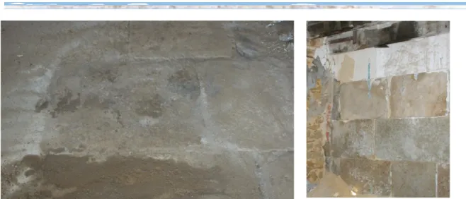 Fig. 78: O pavimento de pedra do volume 1 e a parede lateral direita revestida a pedra  Fotografia da autora, 2013