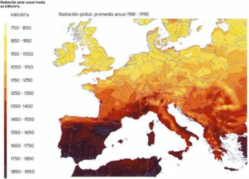 Figura 2.7 - Mapa Radiação Solar na Europa (Meteostat, 2017).