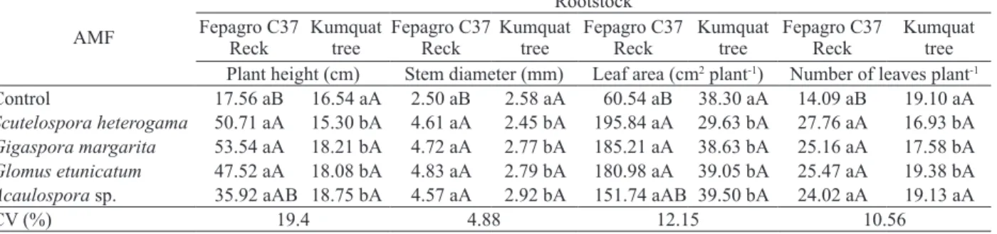 Table 1. Plant height, stem diameter, leaf area and number of leaves of rootstocks from citrus trees submitted or not to arbuscular  mycorrhizal fungi (AMF) species.