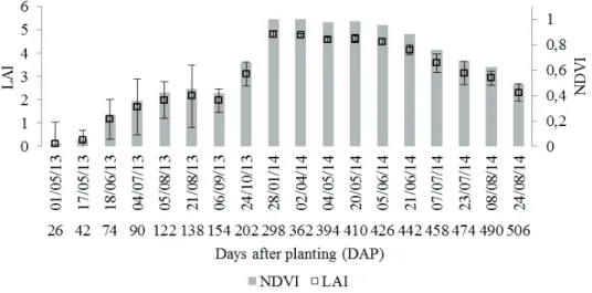 Figure 5. Temporal evolution of NDVI COR  and spectral estimation of LAI COR  with standard deviation, in relation to image acquisition  dates and days after planting.