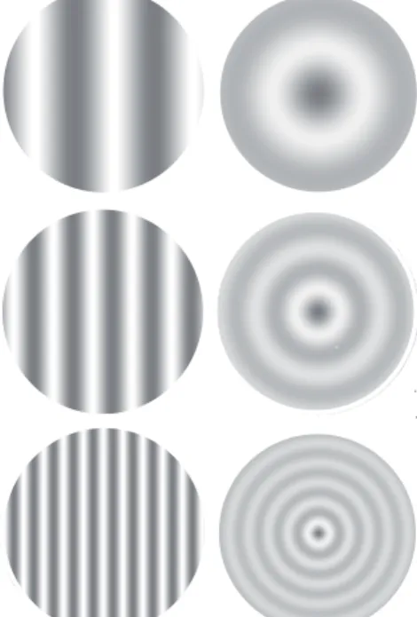 Figura 1. Exemplos de estímulos de freqüências espaciais à esquerda  e freqüências radiais à direita, de cima para baixo, 0,5, 1,0 e 2,0 cpg,  respectivamente