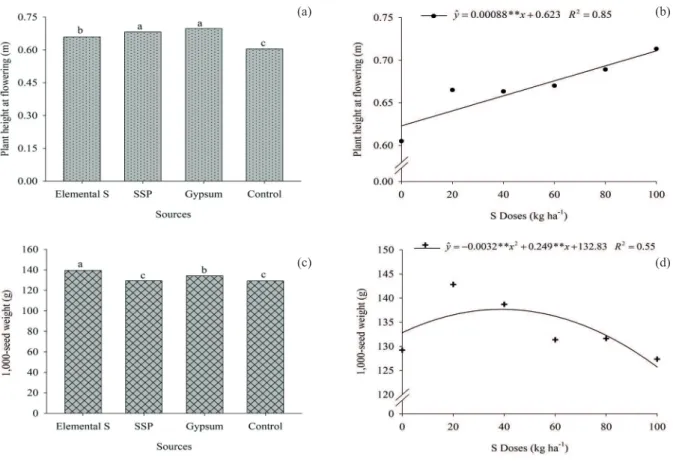 Figure 2. Plant height at flowering (a and b) and 1,000-seed weight (c and d), in relation to sulfur sources and doses, respectively