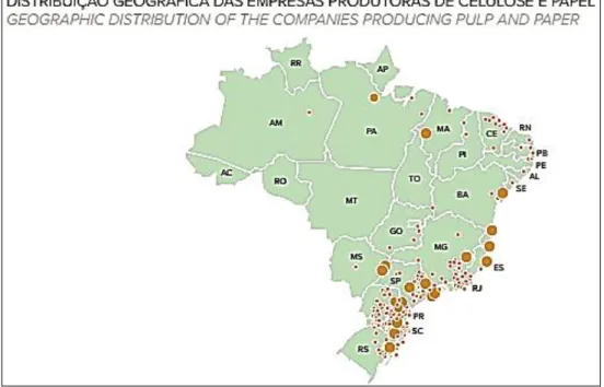 Figura 1 - Distribuição geográfica das empresas produtoras de celulose e papel no Brasil  (IBA, 2015) 
