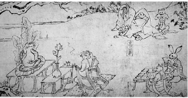 Figura 5 - Chojugiga que mostra sapos, lebres, raposas macacos e outros animais retratados satiricamente  de forma humana
