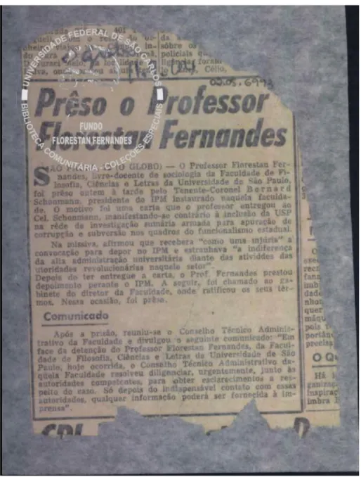 Figura  2  -  Matéria  jornalística  intitulada  “Prêso  o  Professor  Florestan  Fernandes”, publicada no jornal O Globo em 11.09.1964.