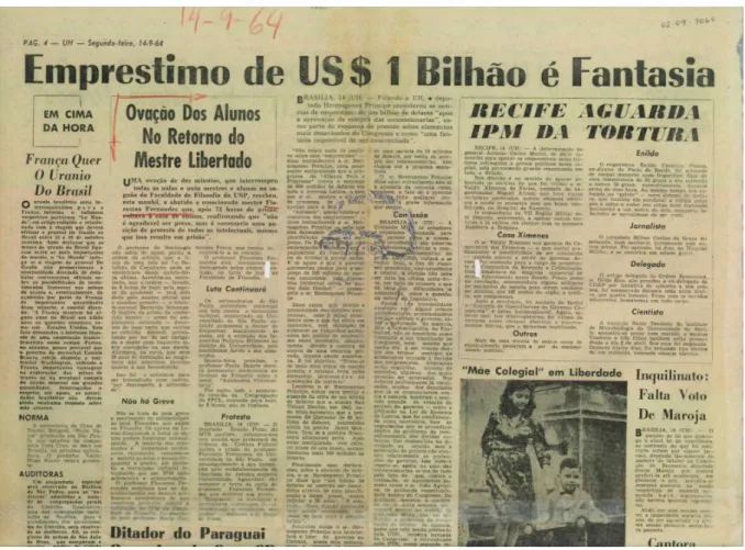 Figura  3  -  Artigo  do  jornal  Última  Hora  intitulado  “Ovação  dos  alunos  no  retorno do mestre libertado”, publicado em 14.09.1964.