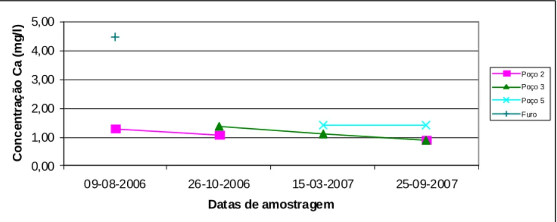 Fig. 8 – Evolução do cálcio por pontos de água subterrânea após fogo 2006 na bacia de Penhascoso  