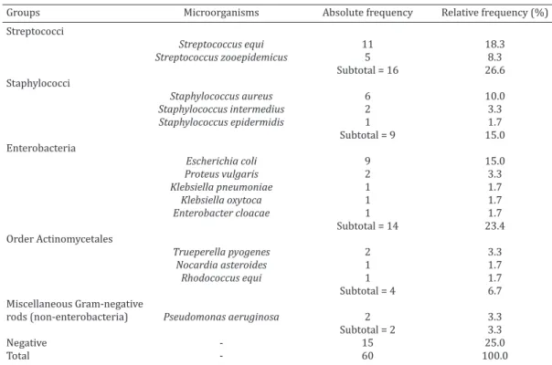 Table 1. Groups and microorganisms isolated from 60 samples of synovial fluid from horses with  septic arthritis