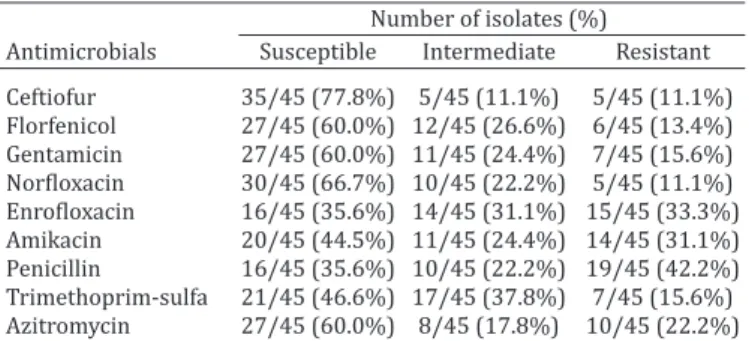 Table 2. In vitro antimicrobial susceptibility profile (disk  diffusion method) of microorganisms from equines with 