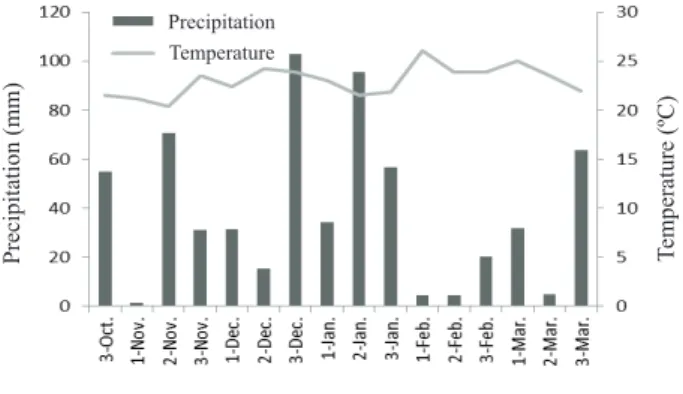 Figure 1. Mean precipitation and air temperature during the  2011/2012 cropping season (Londrina, Paraná State,  southern Brazil)