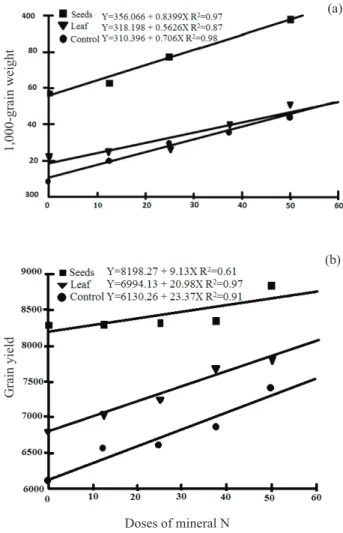 Figure 3. Regression analysis of the characteristics 1,000-grain  weight (a) and grain yield (b)  in response to different  doses of N-fertilizer after sowing in a non-inoculated  control maize plant and maize plants inoculated with  Azospirillum brasilens